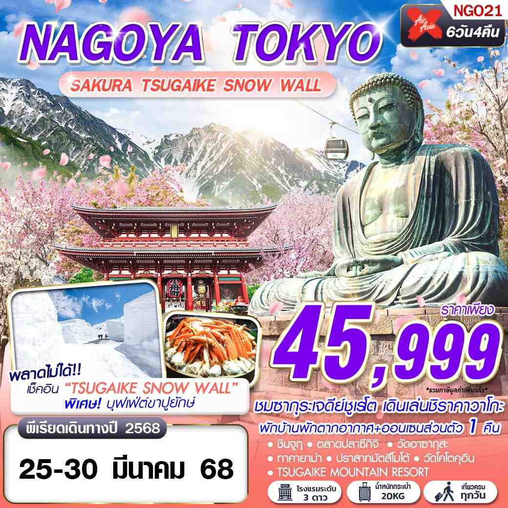 ทัวร์ญี่ปุ่น NAGOYA TOKYO SAKURA TSUGAIKE SNOW WALL (บินดึก เที่ยวเต็ม) 6วัน 4คืน (XJ)